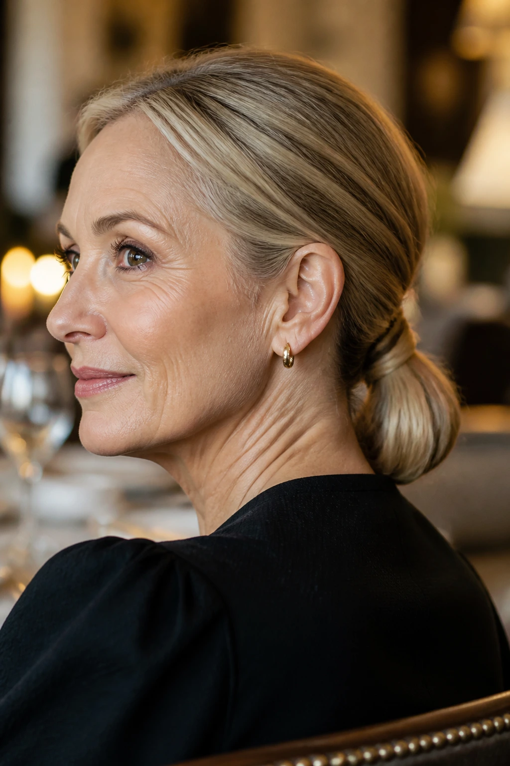 Close-up of a real woman with a tucked-under ponytail in an elegant lounge