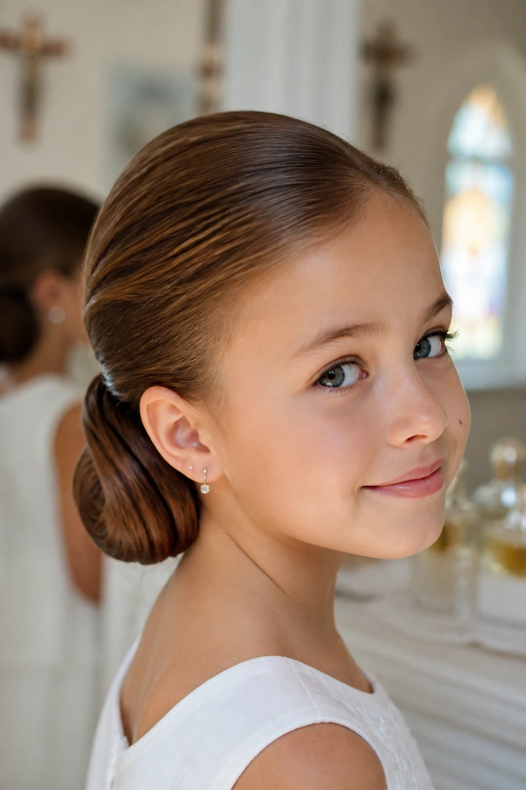 Close-up of tucked-under roll hairstyle on a real child girl