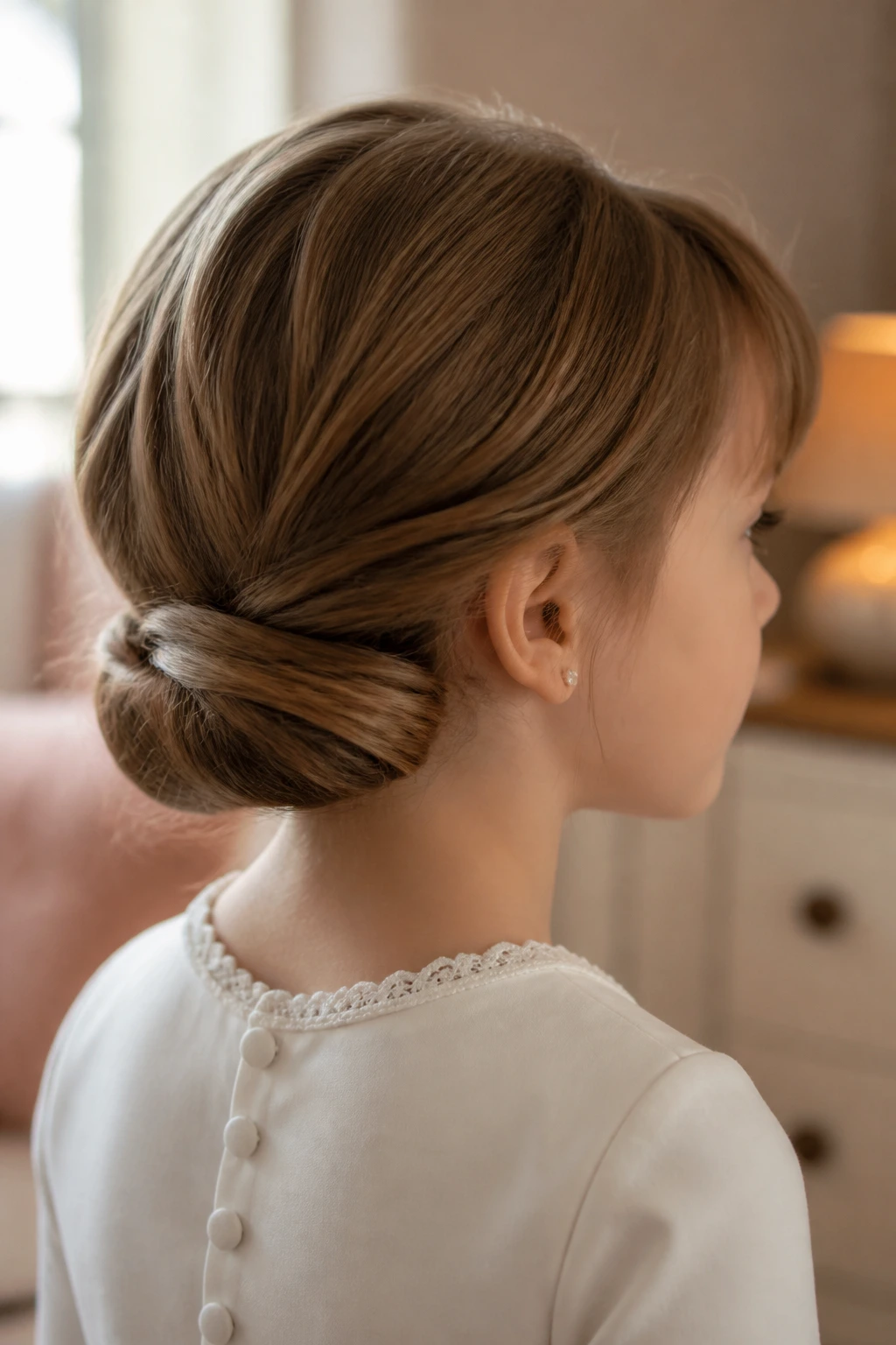 Close-up of a child with a tucked-under roll at the neckline