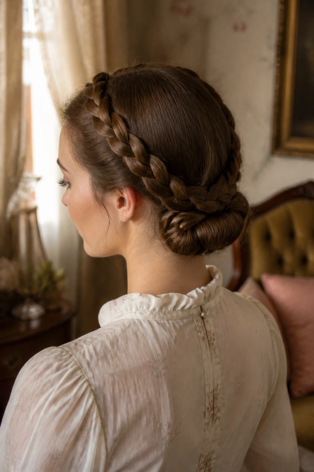 Portrait of a real woman with two braids forming a tucked updo at the back