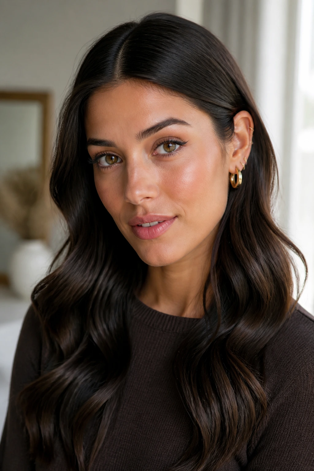 Close-up of real woman with clean part and tucked-behind-ear waves