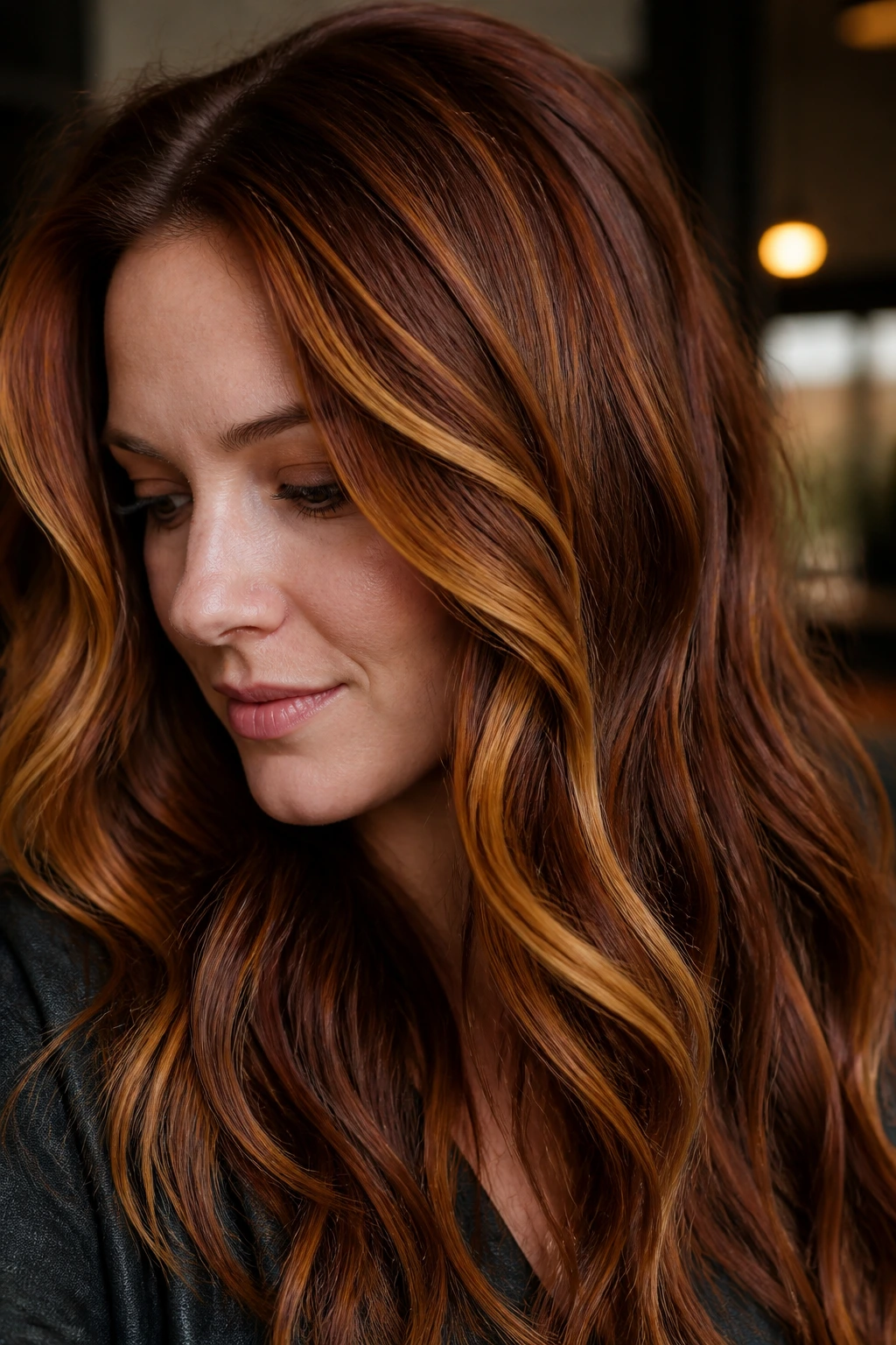 Close-up of dark auburn hair with turmeric gold ribbons