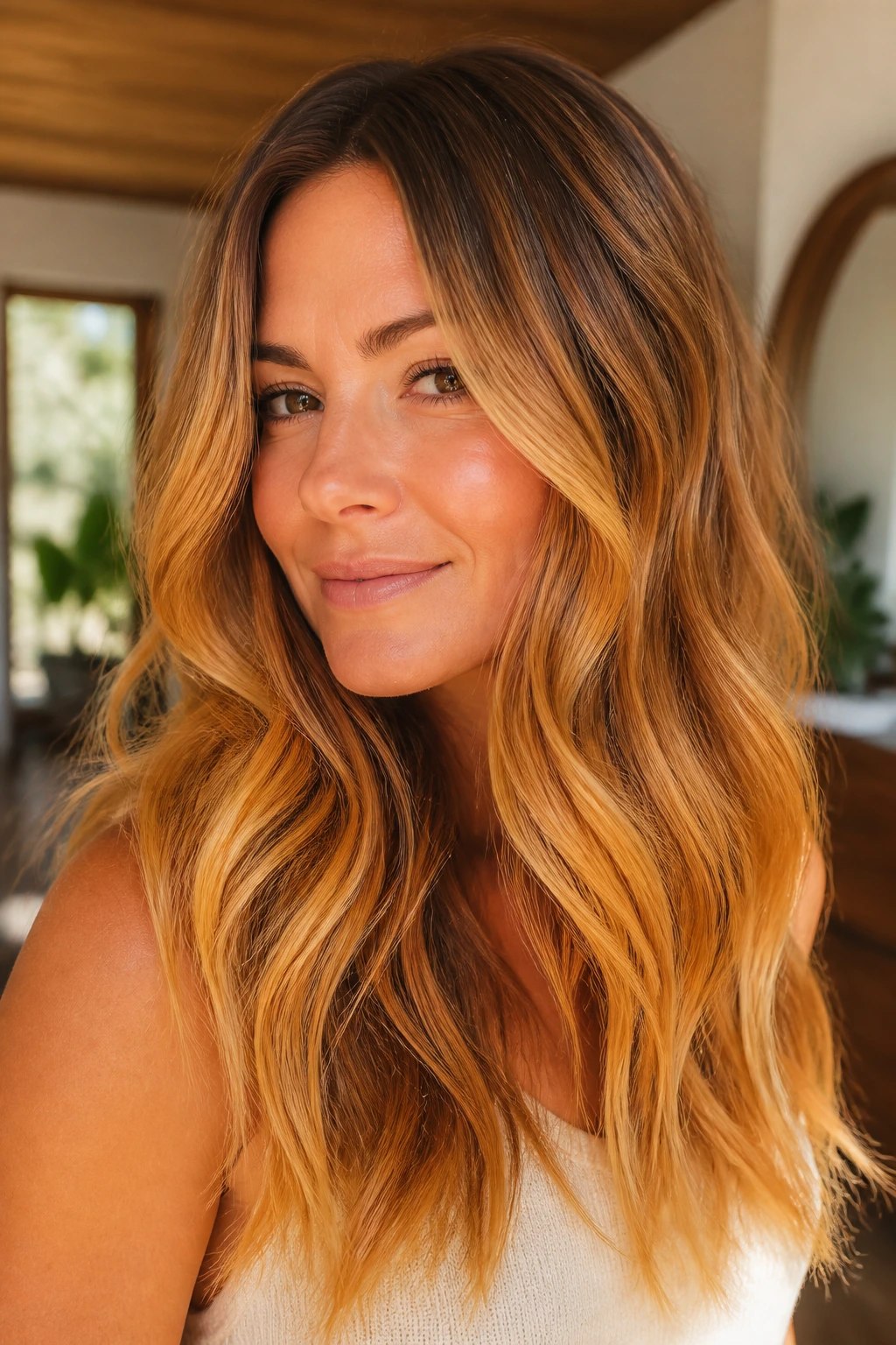 Portrait of a real woman with turmeric gold glow ombre, showing a warm gold fade and rooted shadow.