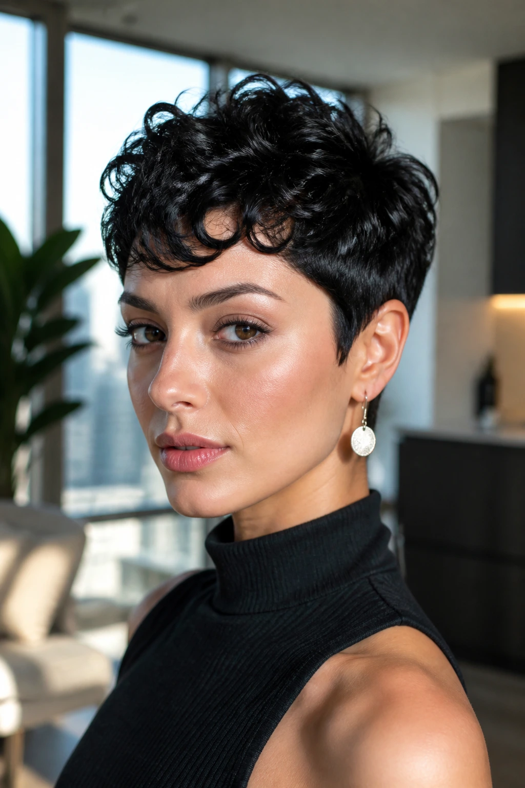 Close-up portrait of a woman with Tuxedo Pixie hairstyle under soft daylight.