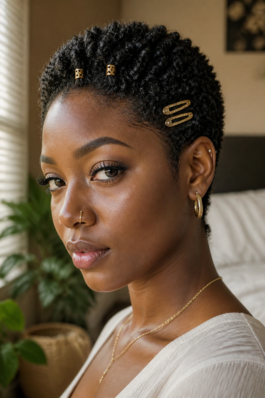 Close-up of a real Black woman with a very short TWA wearing gold clips and cuffs