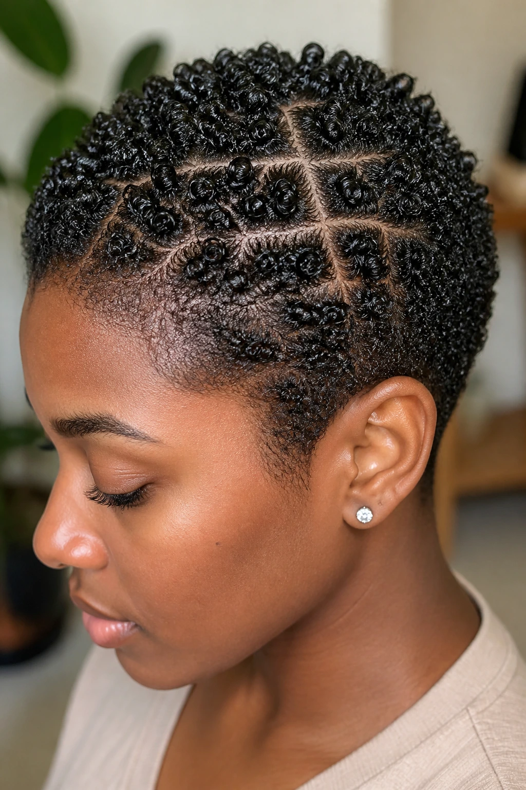 Close-up of defined tiny coils on a short TWA hairstyle