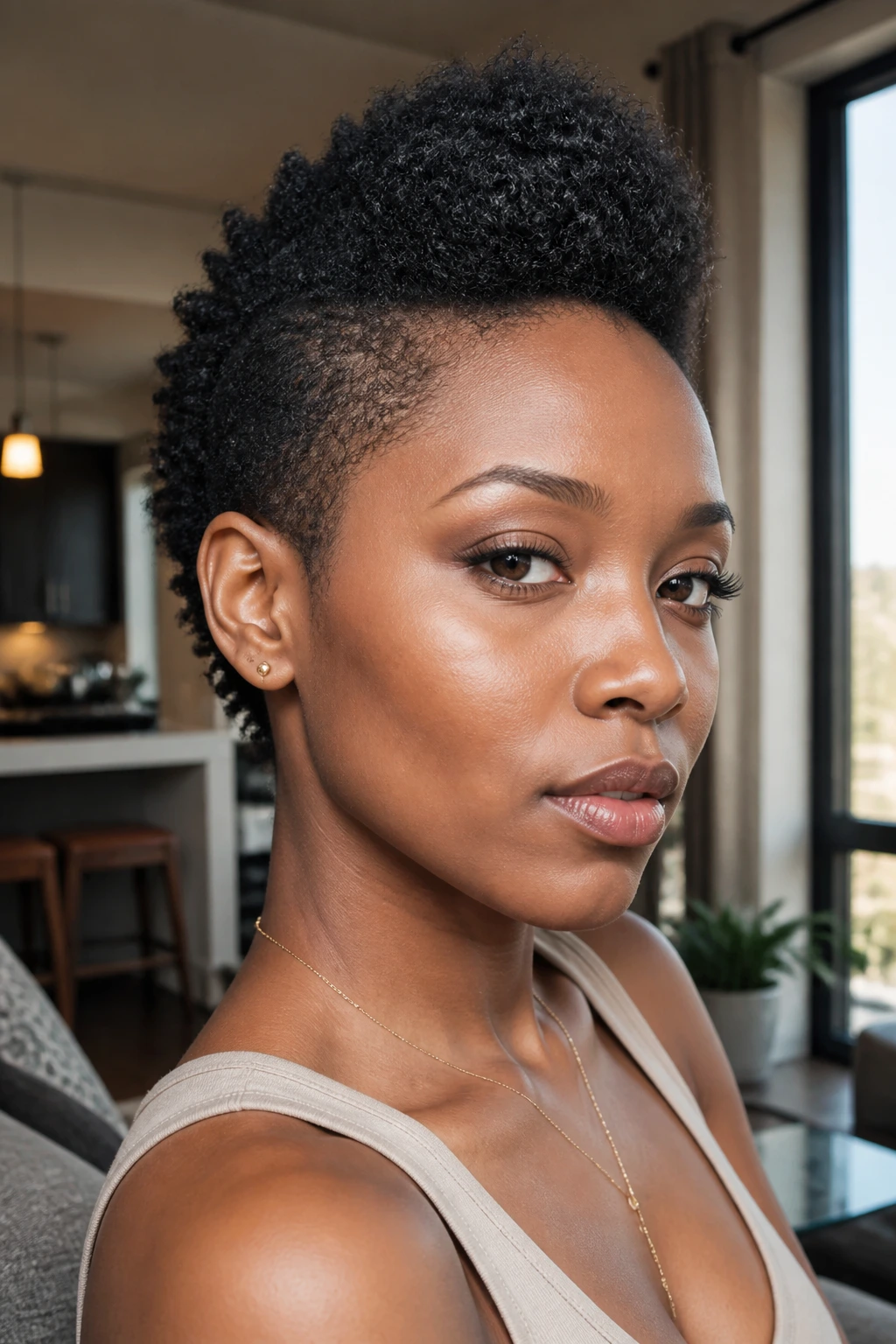 Close-up portrait of a real person with a crisp TWA frohawk on very short hair, lifted center and brushed-back sides in natural daylight