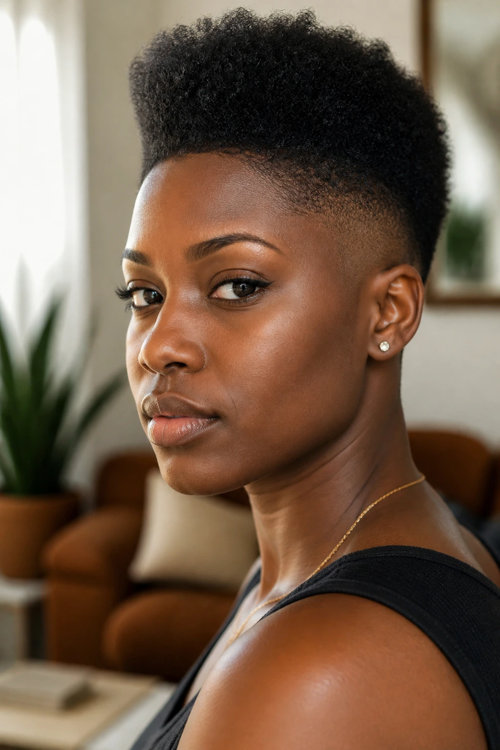 Close-up portrait of a real Black woman with a TWA high top fade