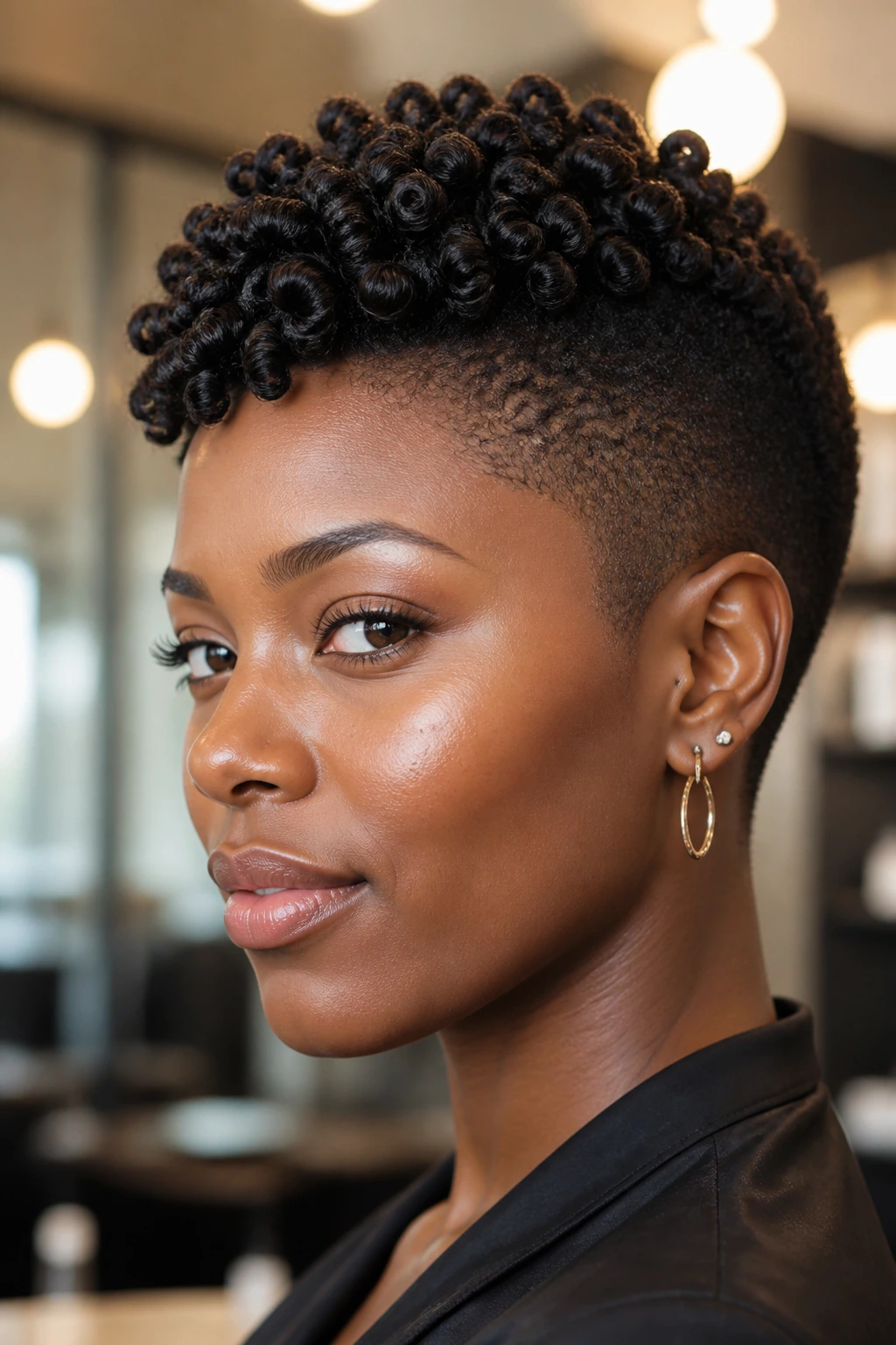 Real woman's TWA mohawk with defined finger coils, portrait.