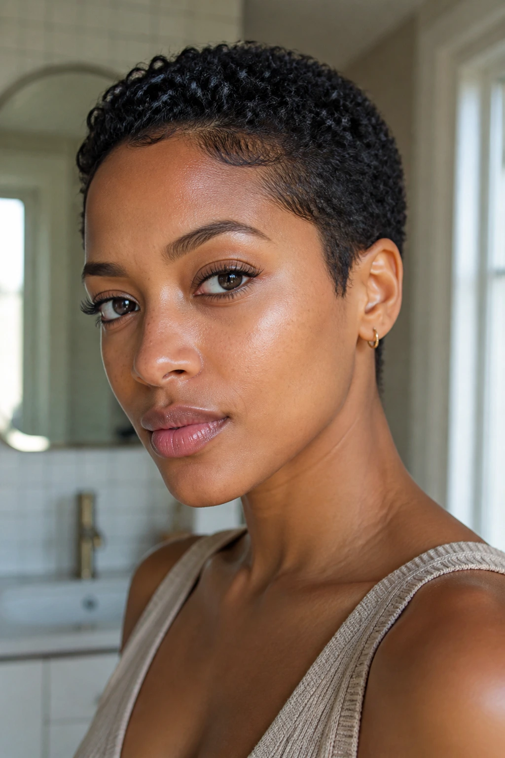 Close-up portrait of real woman with a TWA pixie cut in sunlit setting