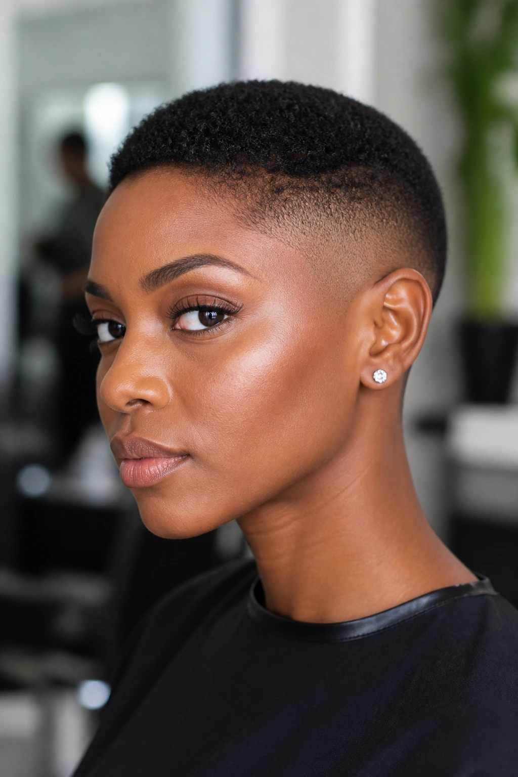 Close-up of a TWA pixie fade on a real person