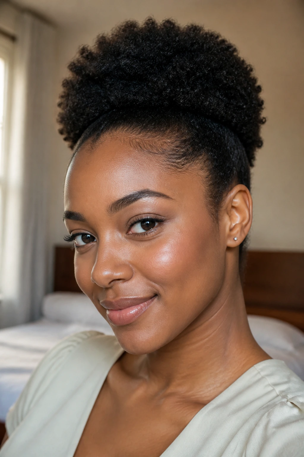 Close-up of a real woman with a gently tucked TWA puff and lifted crown.