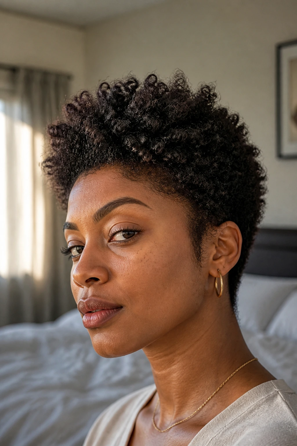 Real person with tapered TWA shag showing lifted crown in soft light