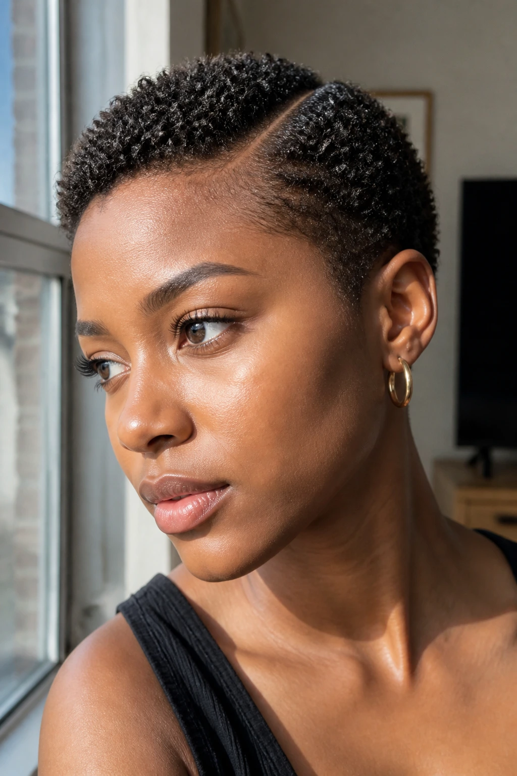 Close-up of a real Black woman with a tiny TWA and soft side part