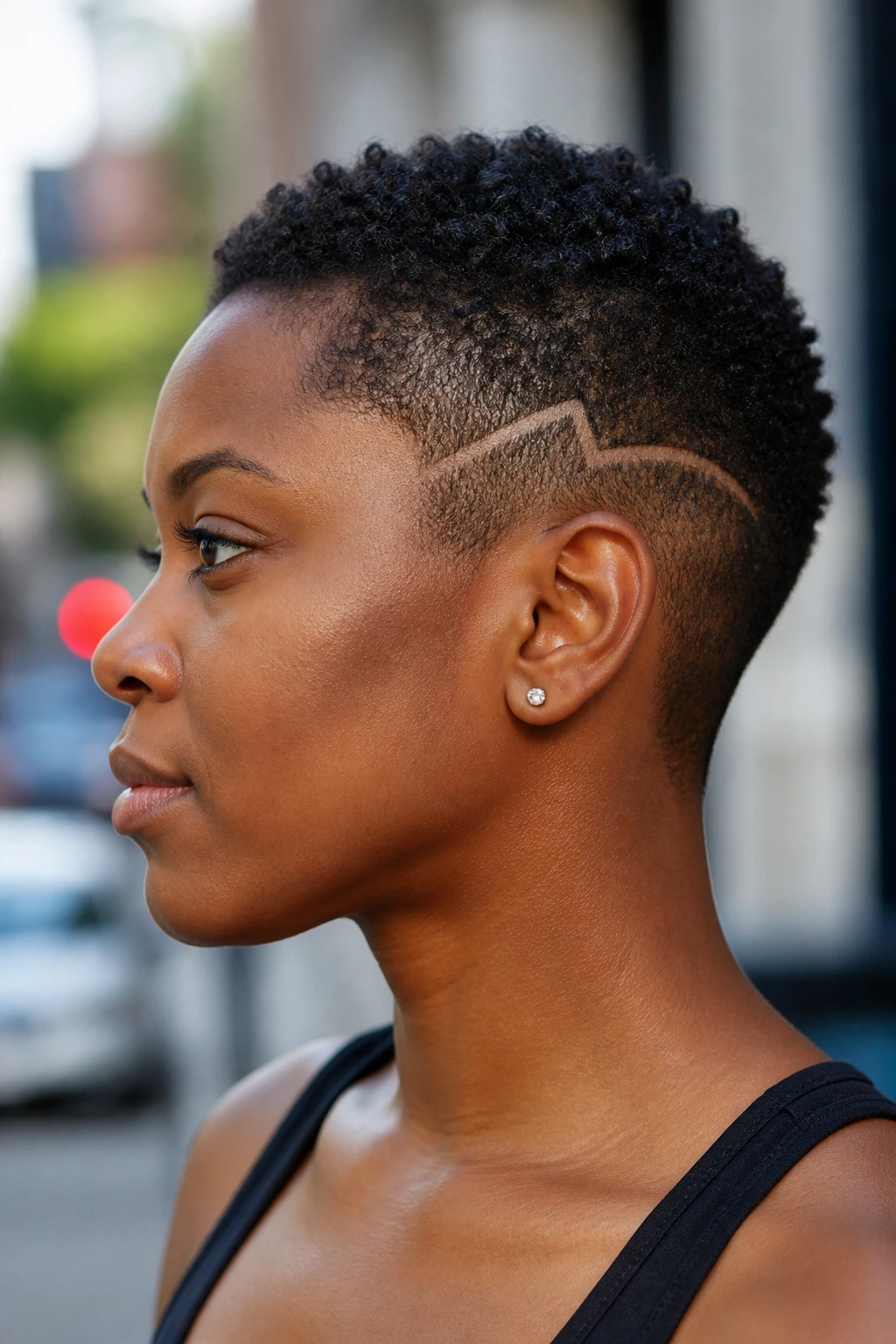 Side-profile portrait of a Black woman with a zigzag shave on a TWA