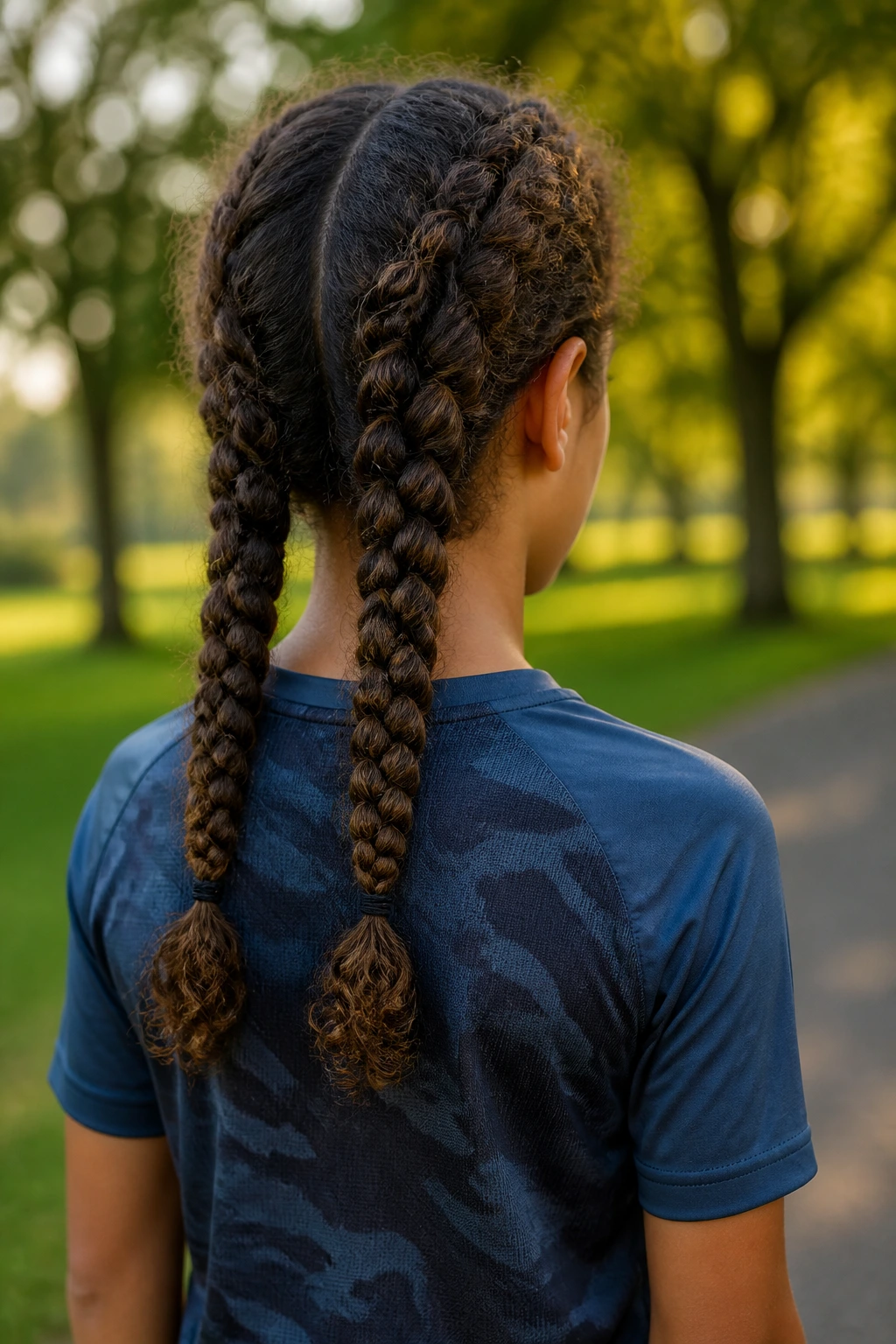 Back view of a real boy with twin braids in long curly hair