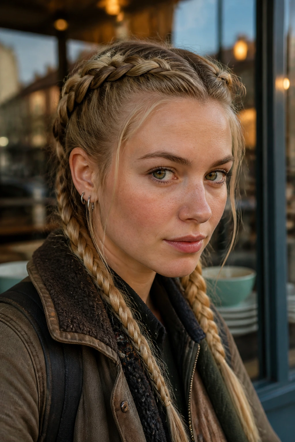 Close-up of a real woman with twin braids for everyday Viking-inspired wear in natural morning light.
