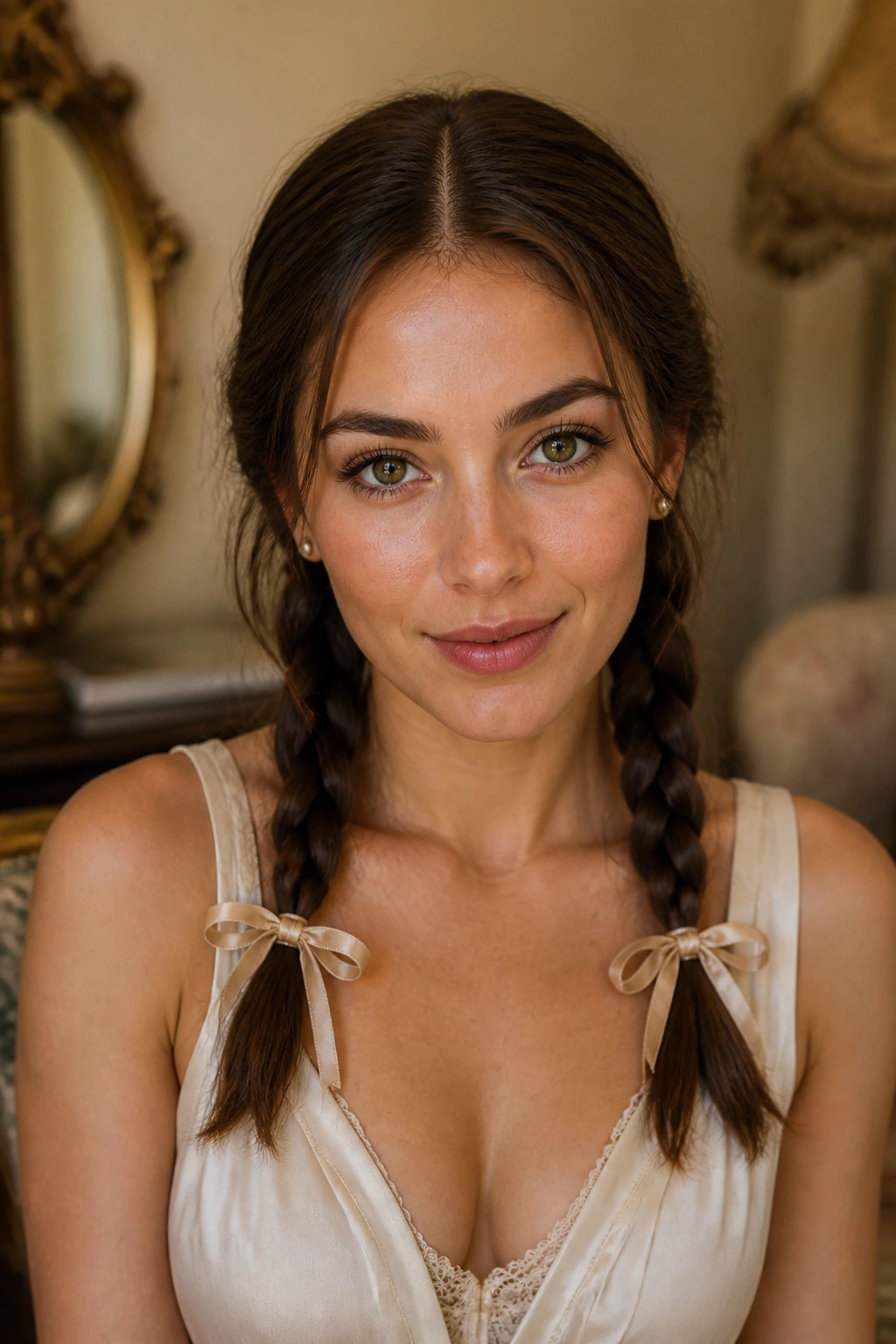 Real woman with center-part twin braids and slim ribbon bows