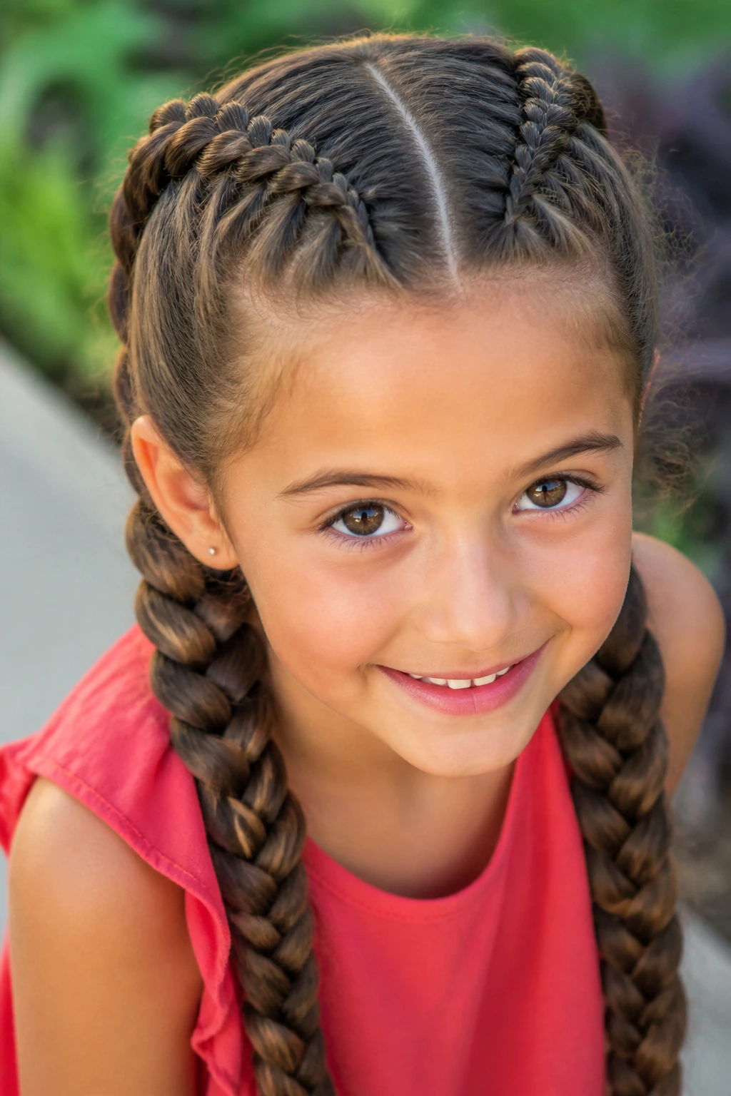 Girl with twin Dutch braids on brunette hair