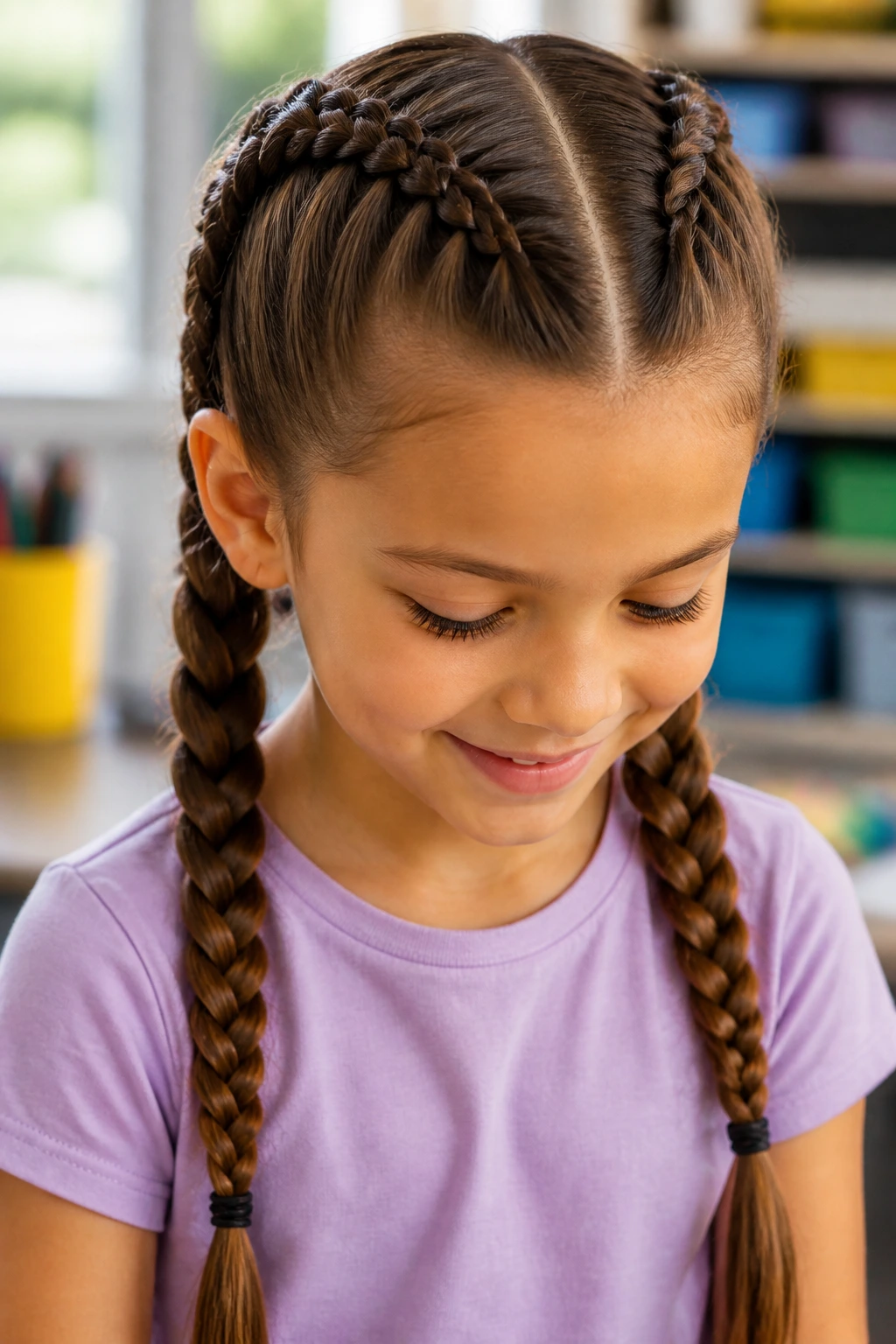 Child with twin Dutch braids in a classroom setting.