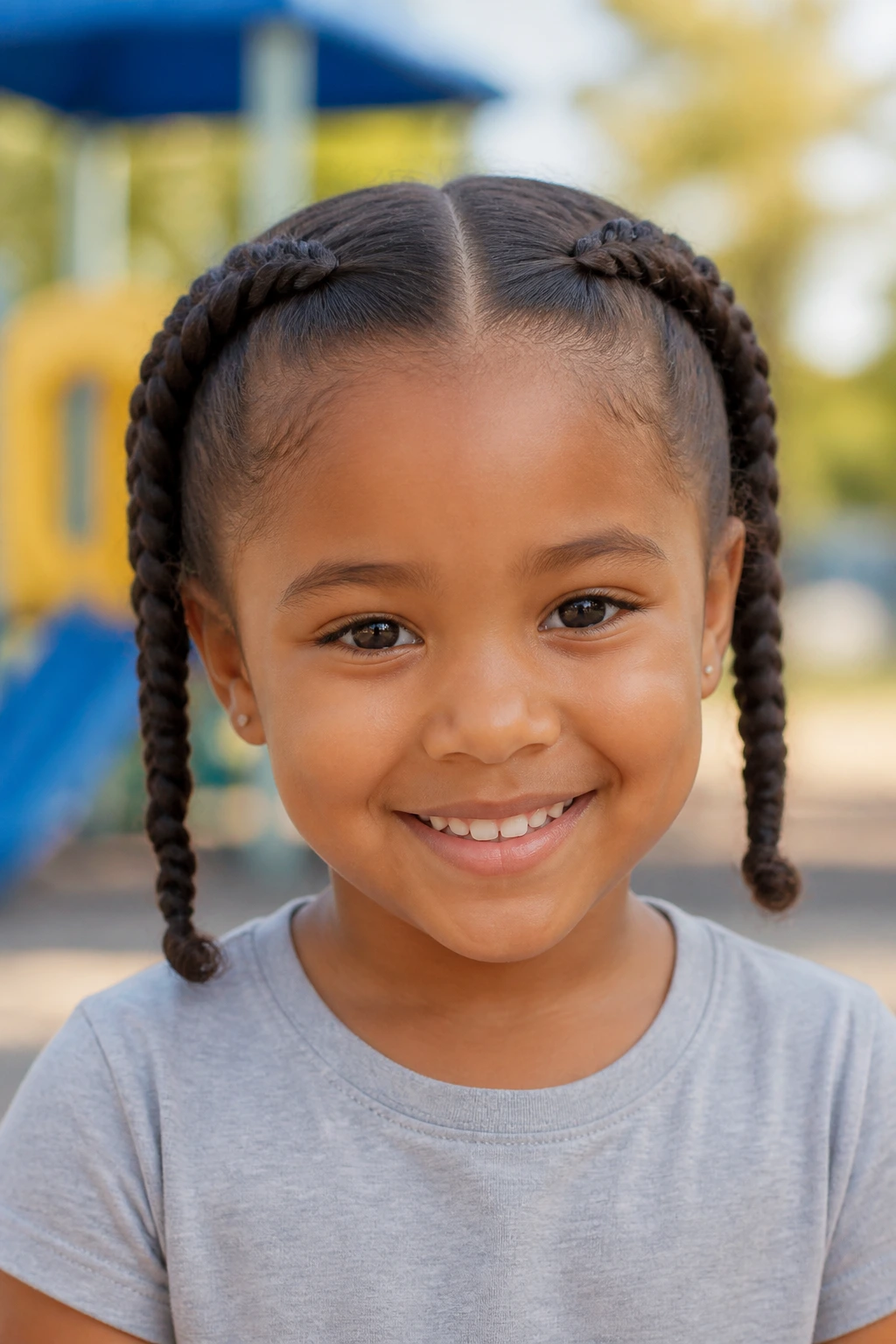 Close-up of a child with twin Dutch pigtails