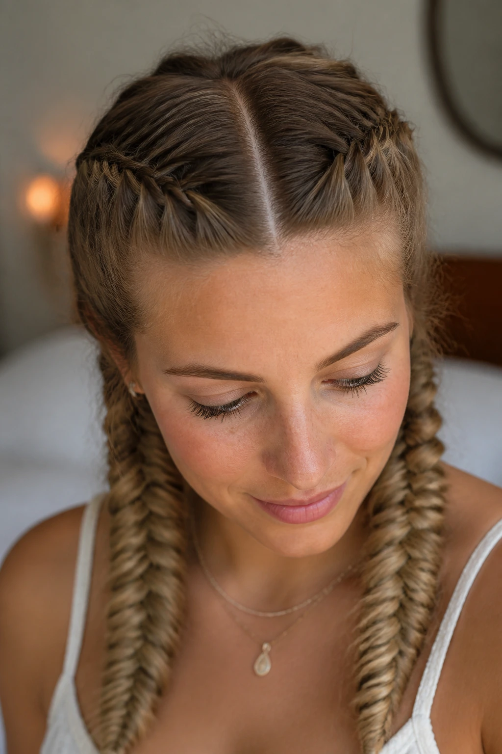 Close-up of twin fishtail braids with center part on a real person