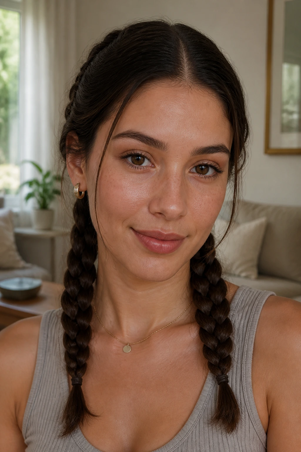 Close-up of a real woman with twin low braids centered at the nape
