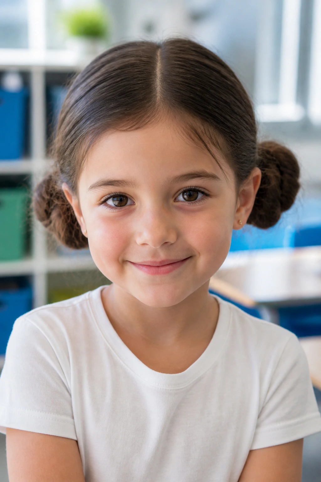 Close-up of a child with twin low buns and a middle part in bright light
