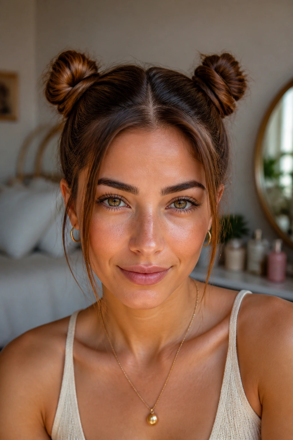 Close-up of a real woman with two small buns on each side of the crown