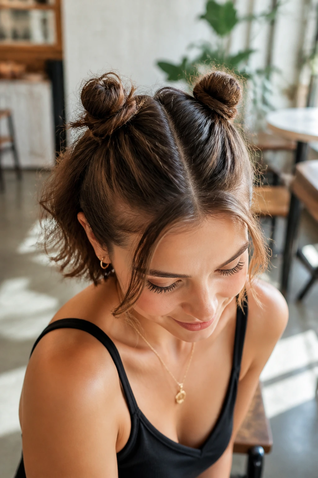 Close-up portrait of a woman with two tiny buns on the crown