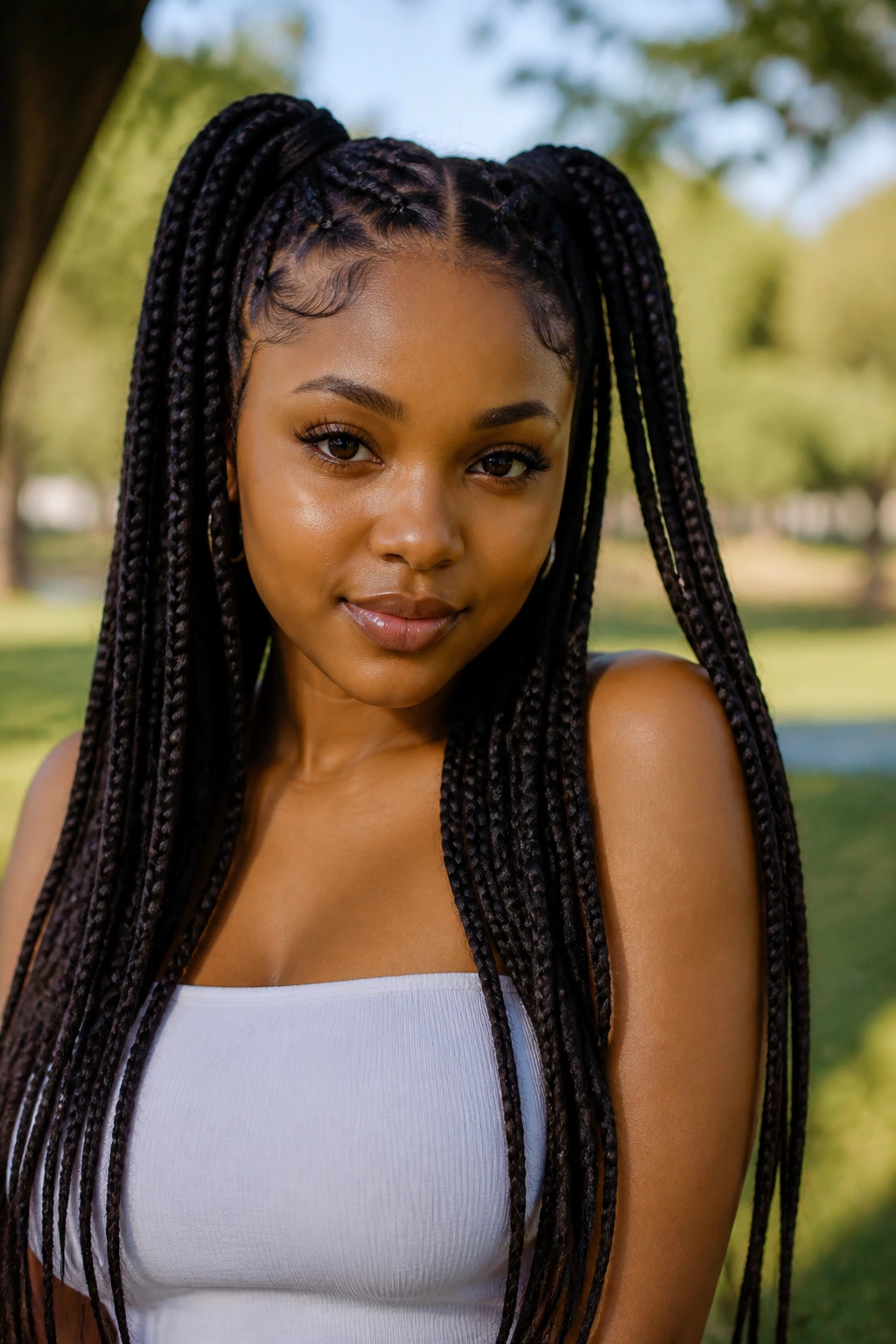 Twin pigtail box braids on a real person