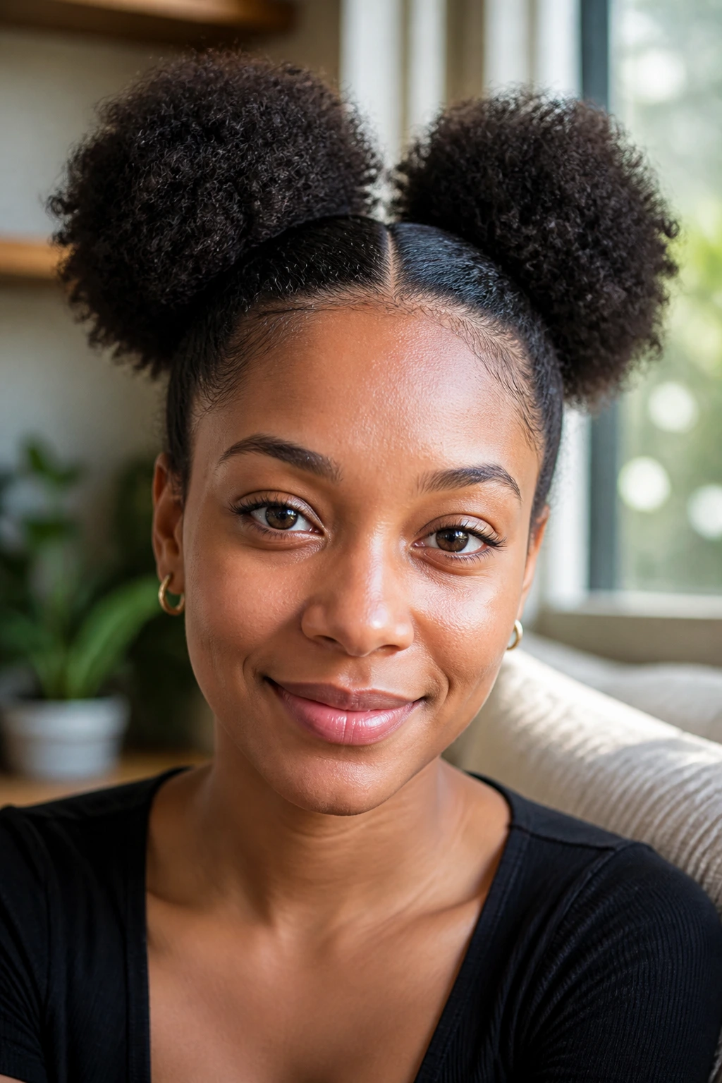 Close-up portrait of a real woman with twin puff ponytails hairstyle