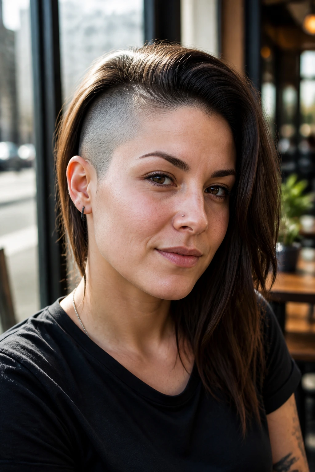 Front-three-quarter portrait of real person with twin shaved side panels