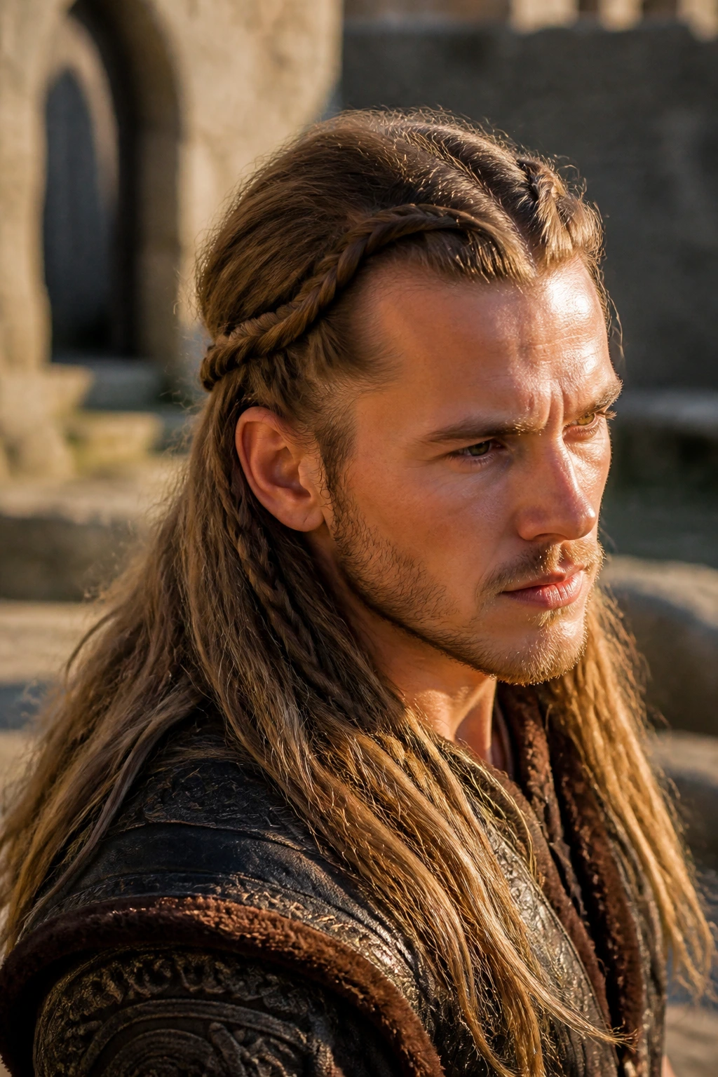 Man with twin temple braids braided back in natural light