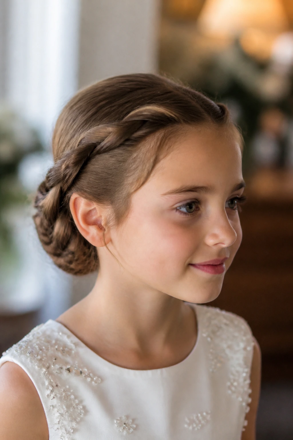 Close-up of a real child with twin twists forming a bun at the nape