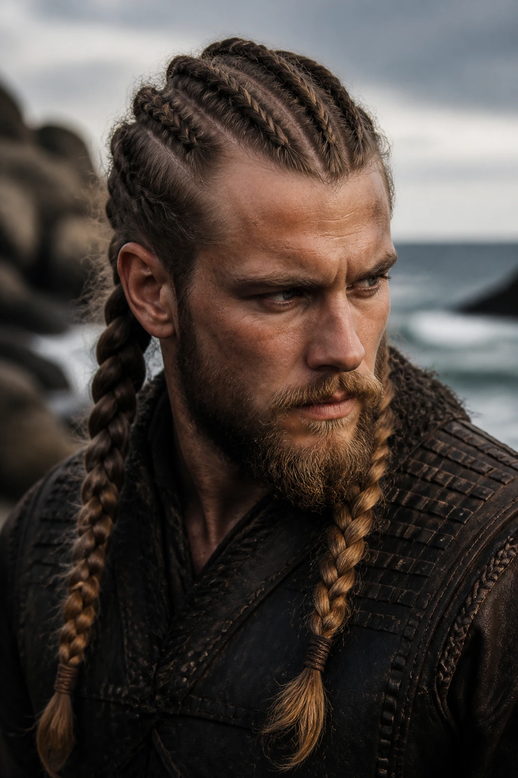 Man with twin warrior braids in Viking style