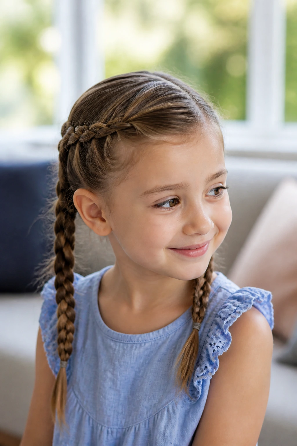 Three-quarter view of real child with front twist and braided pigtails.