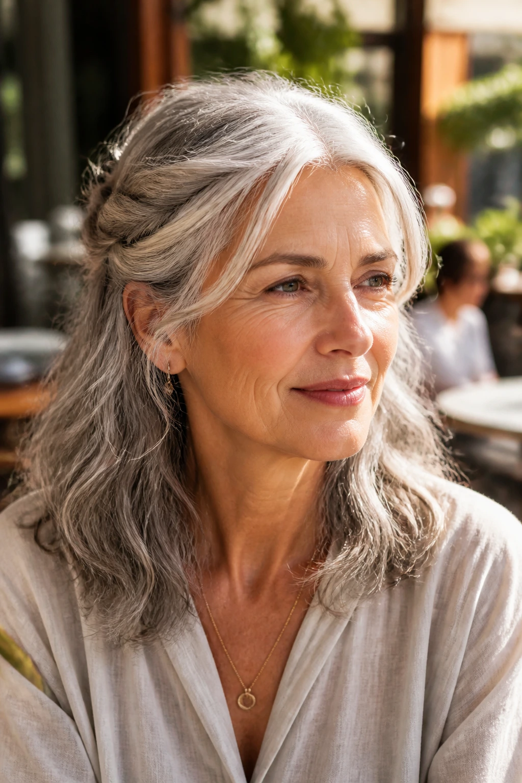 Close-up portrait of a real woman with two loose twists pinned behind the ears.