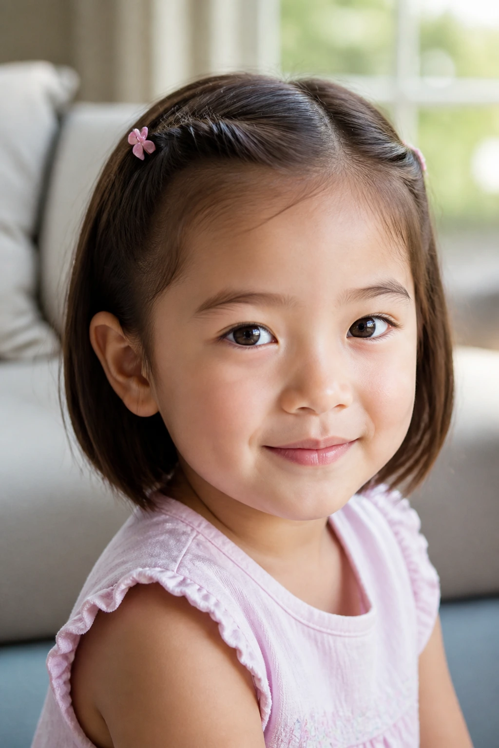 Close-up of a child with twist-back clips on short hair