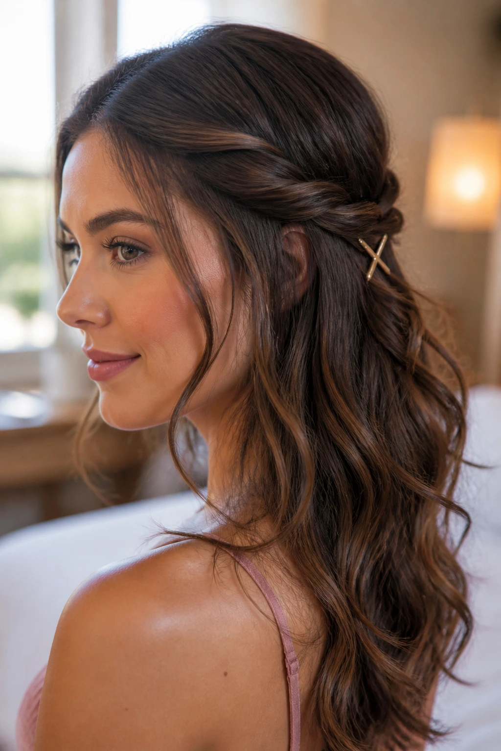 Close-up of a real woman with twist-back waves and crossed pins behind the ears.
