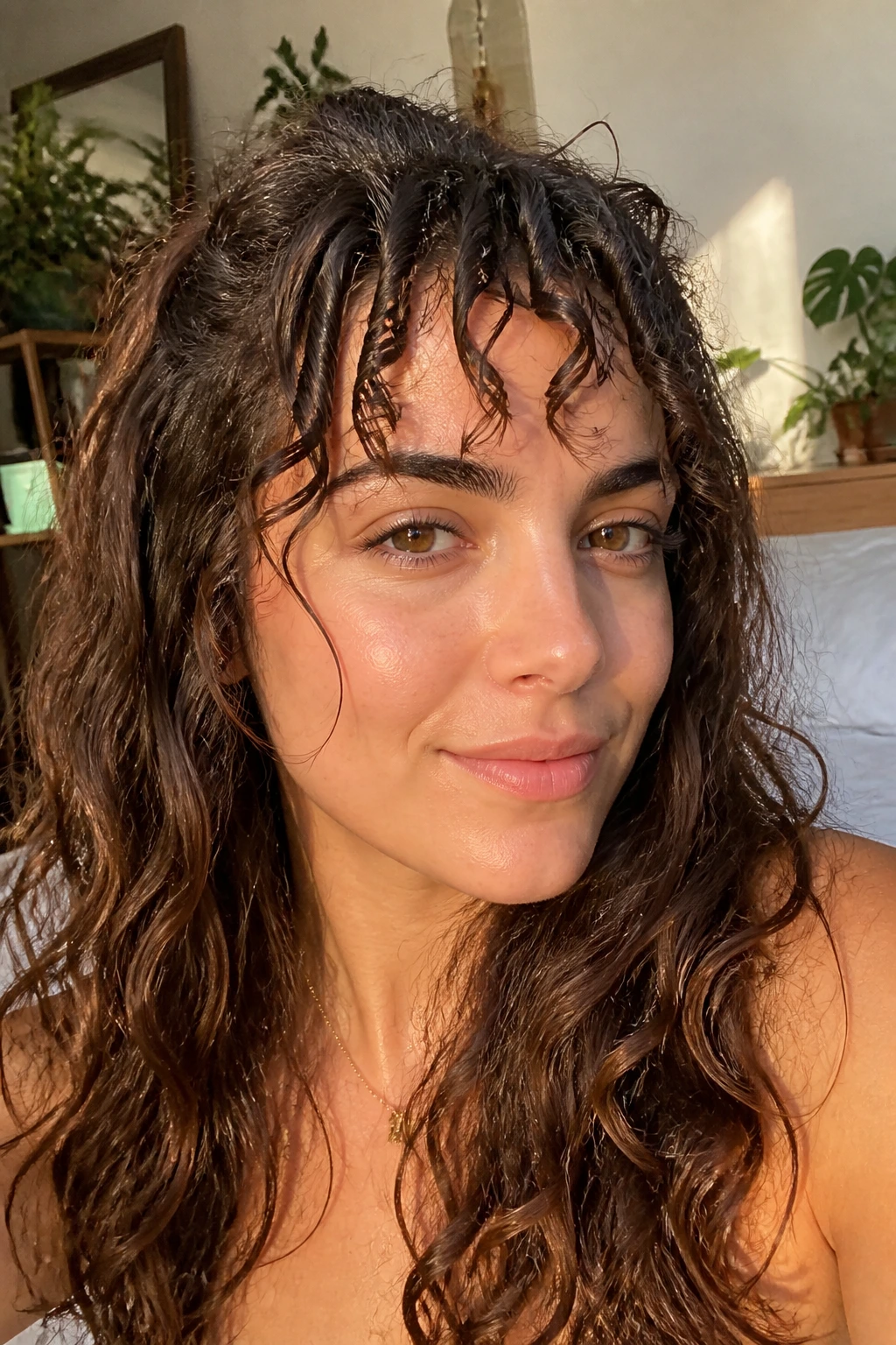 Portrait of a real woman with air-dry twist bangs on thick wavy hair in sunlight