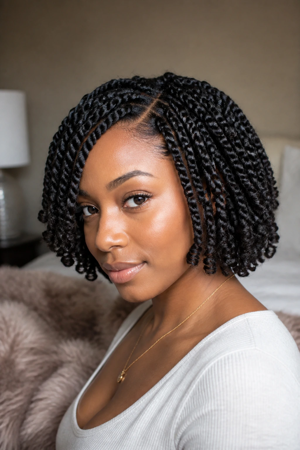 Close-up of a chin-length twist bob with soft curled ends on a real woman in a cozy bedroom