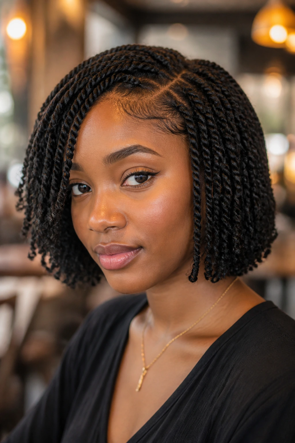 Woman with twist bob hairstyle in cafe lighting