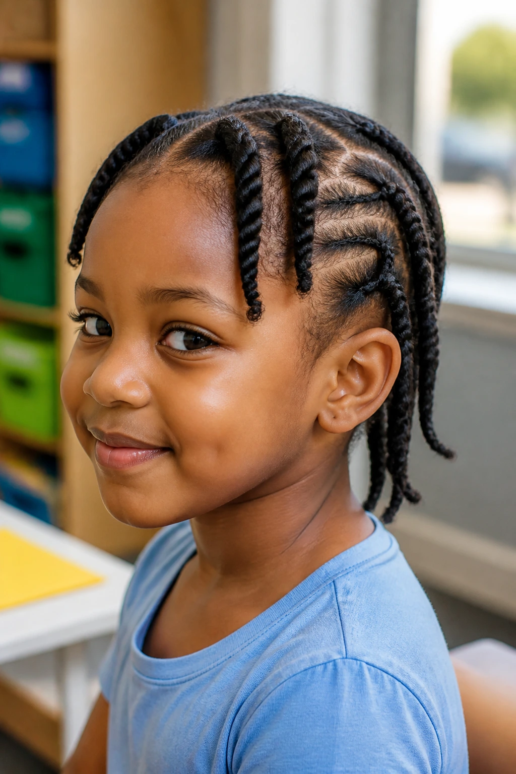 Child with twist front and braid back hairstyle