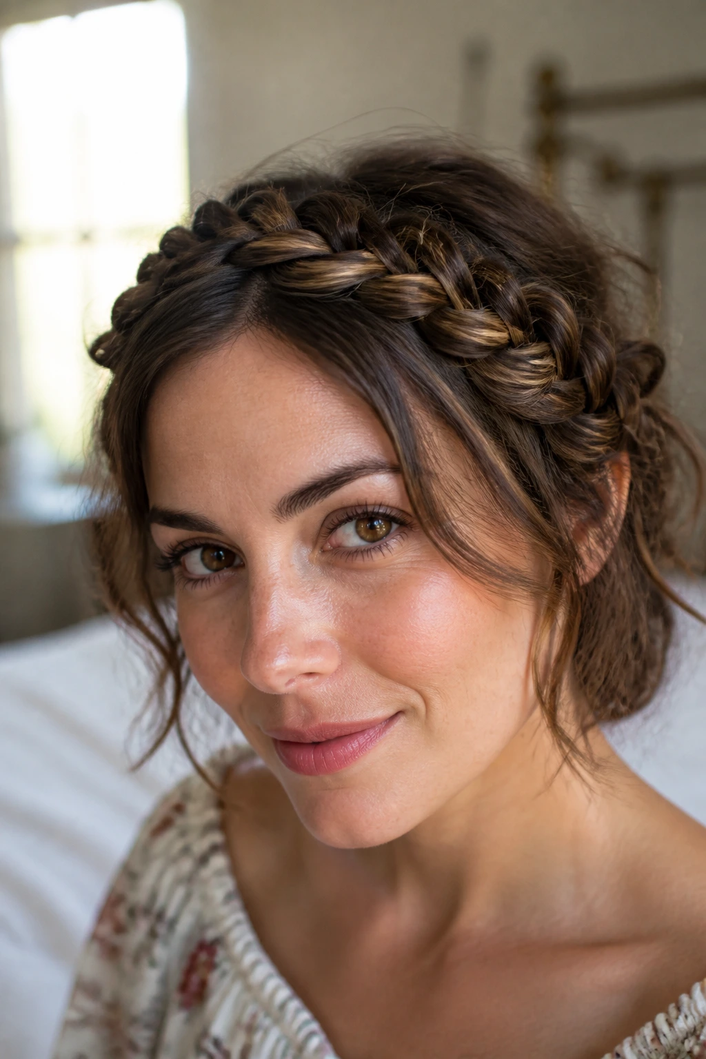 Close-up of a real woman with a mixed twist-and-braid crown around the head.