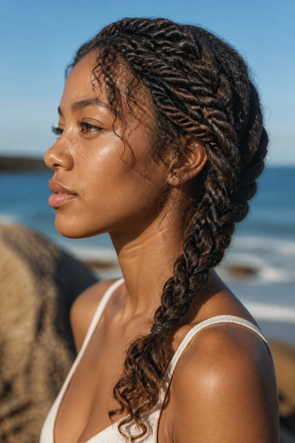 Side profile of a woman with twist-braid hybrid hairstyle by the sea