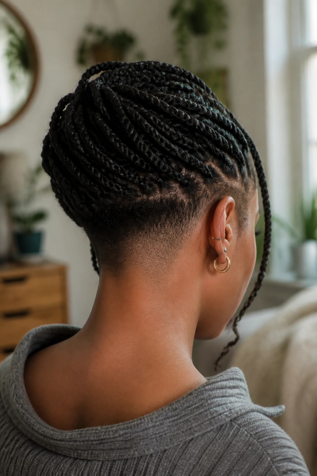 Close-up of twist braids and shaved nape on a real person