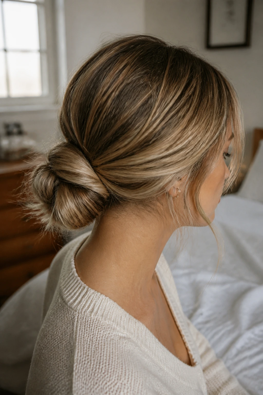 Close-up of a real woman wearing a five-second twist bun at the nape, ends peeking out in warm window light.