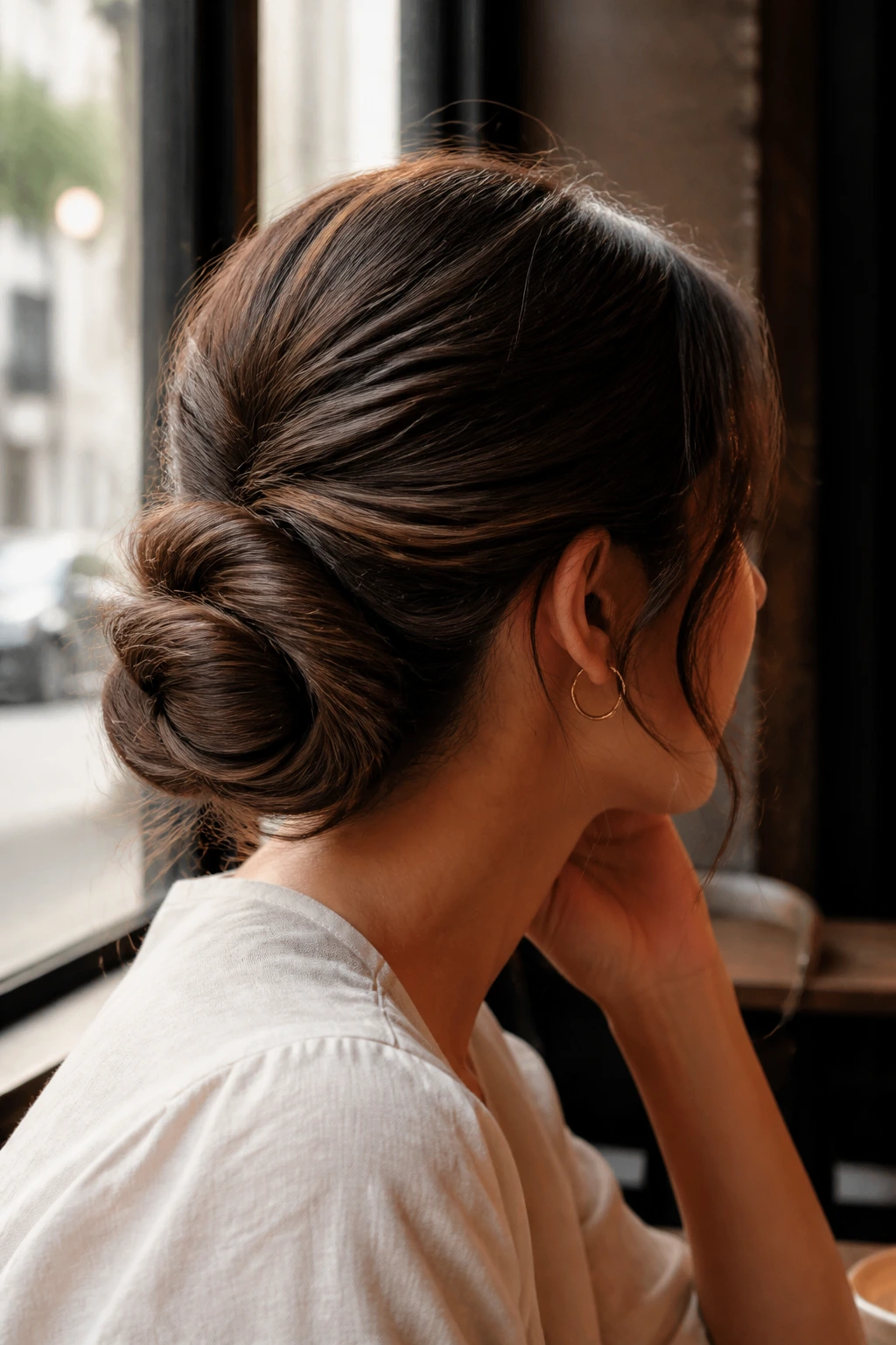Close-up of a real woman showing a low twist bun variation in a warm cafe setting.