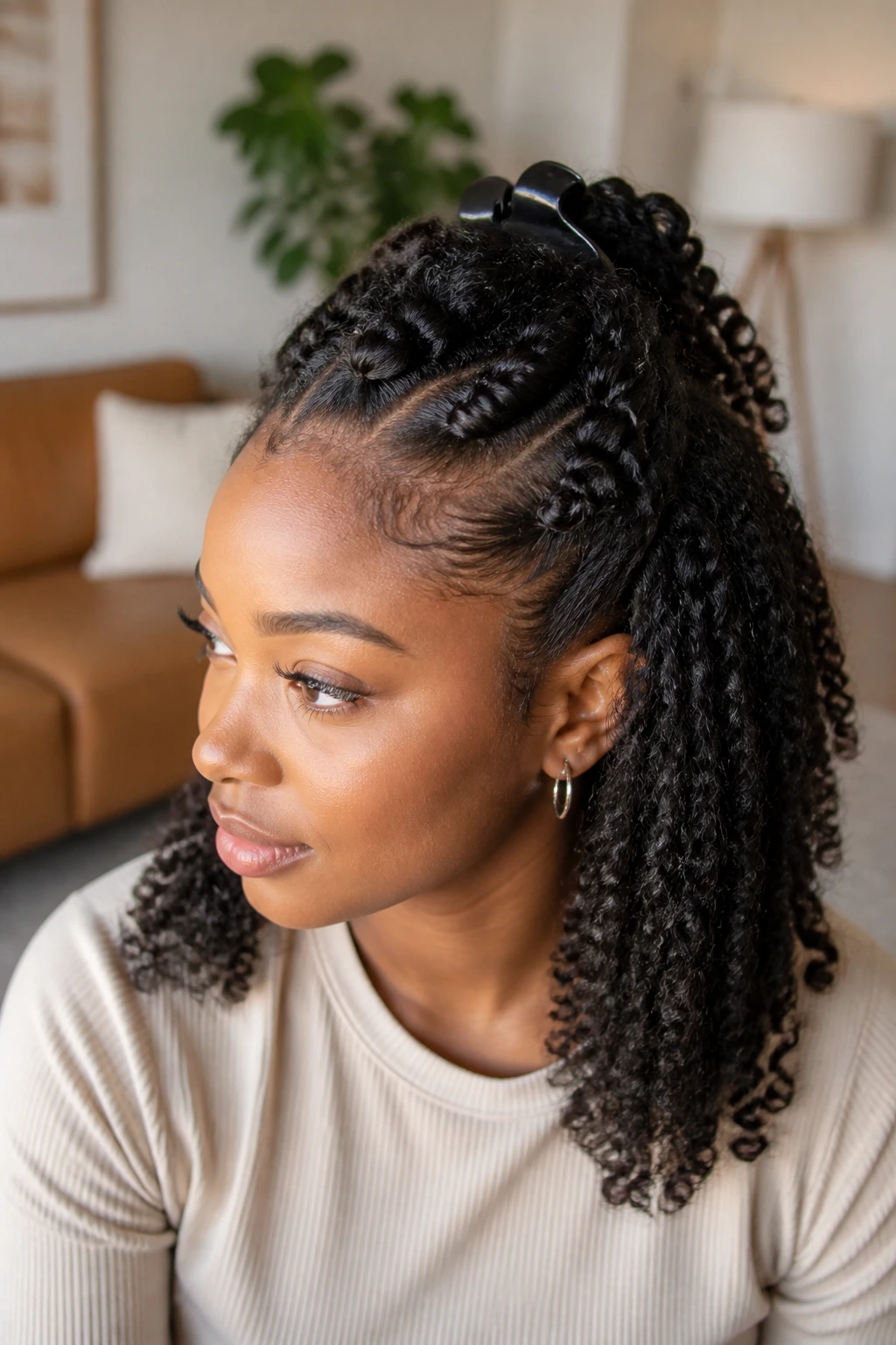 Close-up of a real Black woman with twist-and-clip half-up hairstyle under warm window light